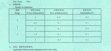 电子万能试验机CNAS校准证书结果页展示2